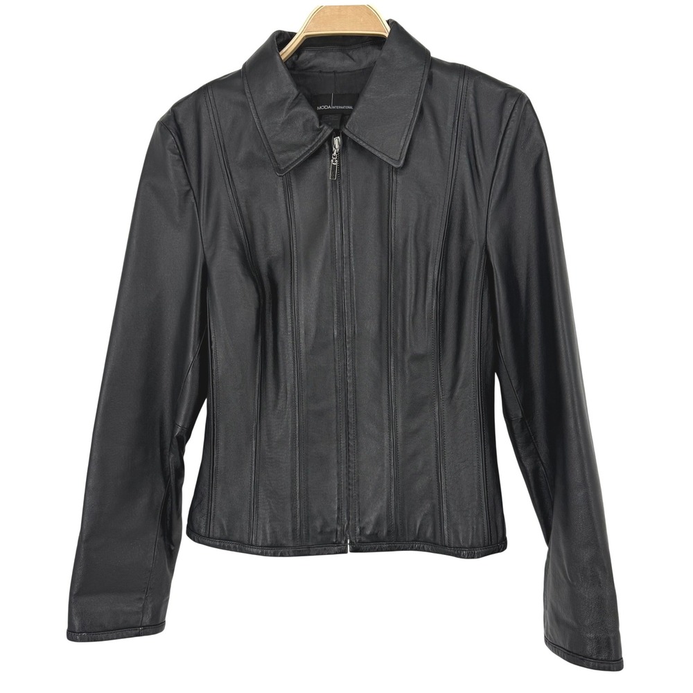 Moda International Leather Jacket Womens M Black Excellent Zip Front Tailored